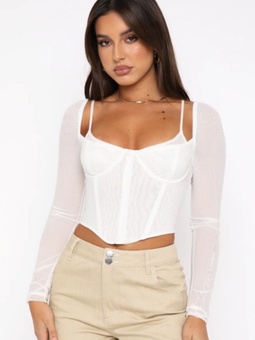 White Fox Treat Me Well Corset Mesh Long Sleeve in Ivory - XS